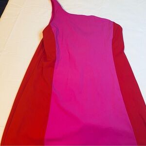 One Shoulder Pink and Red Athletic Dress /bathing suit w/built in shorts